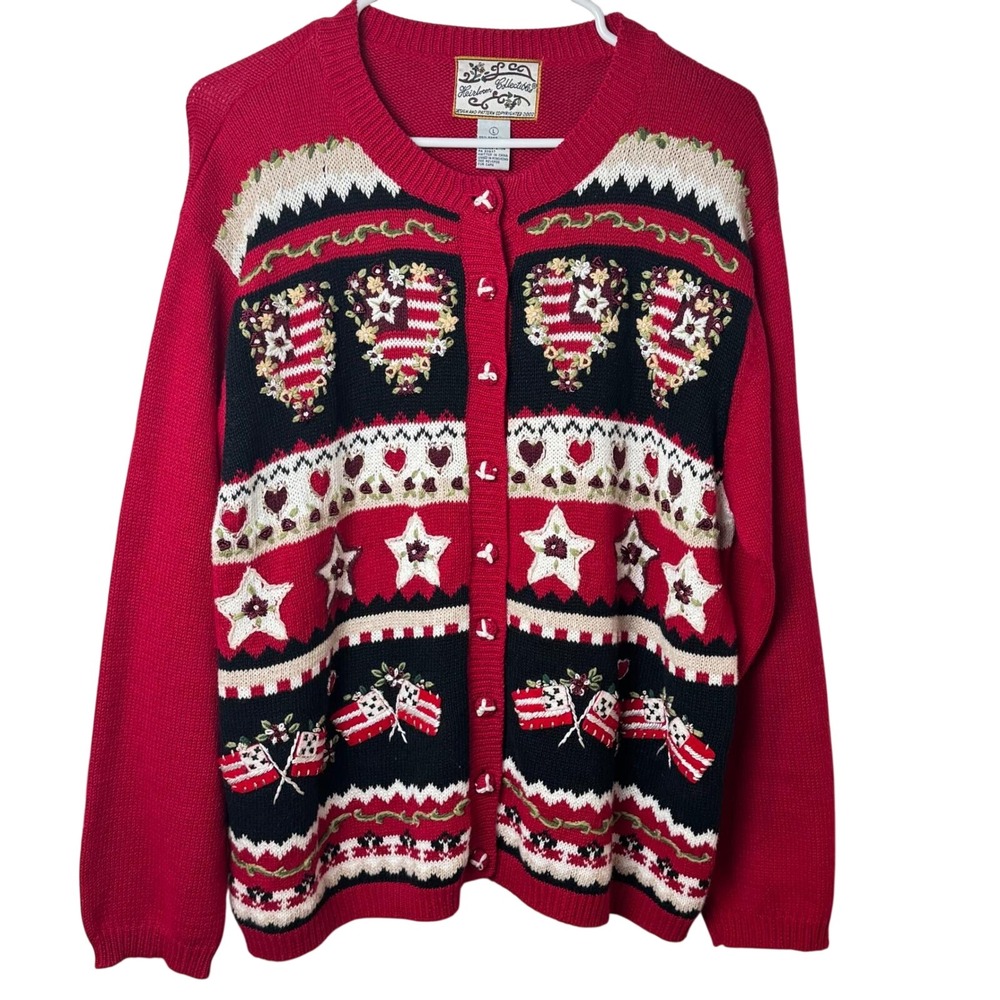 Heirloom Collectibles Cardigan Sweater Women L Red Patriotic Stars Flag Floral - Picture 1 of 6